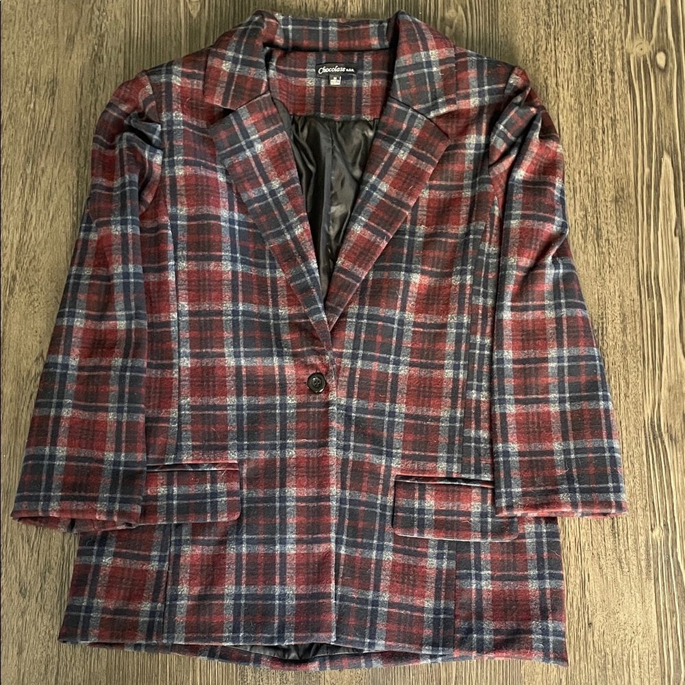 Chocolate Plaid Blazer - Burgundy and Navy